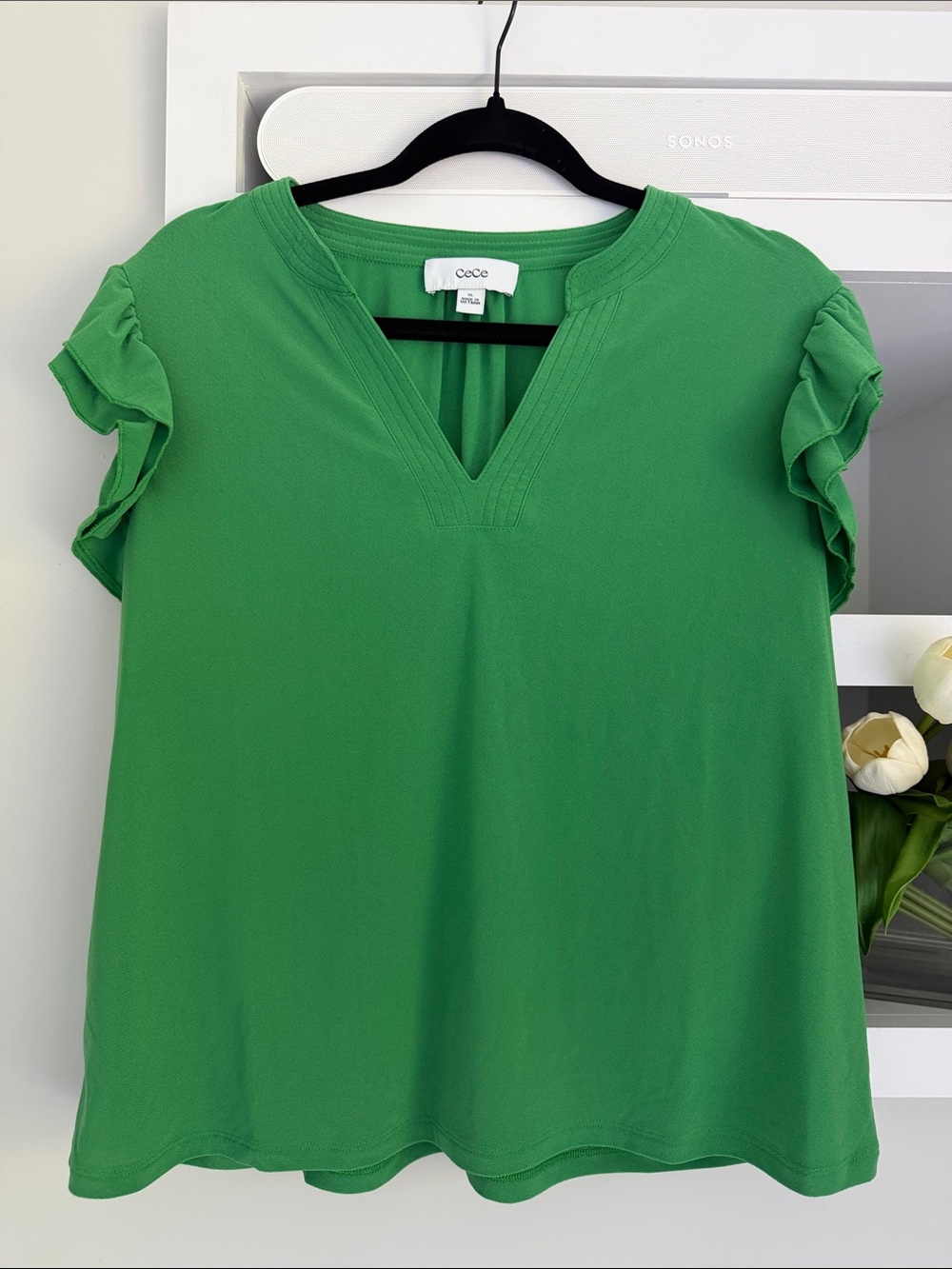 CeCe Women’s XL Green V-Neck Flutter Sleeve Blouse Top